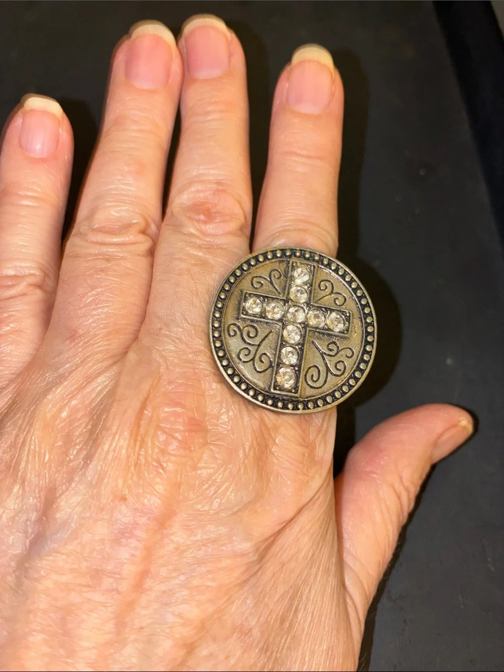 Vintage-Inspired Bronze Cross Accent Ring - Brown/Gold
